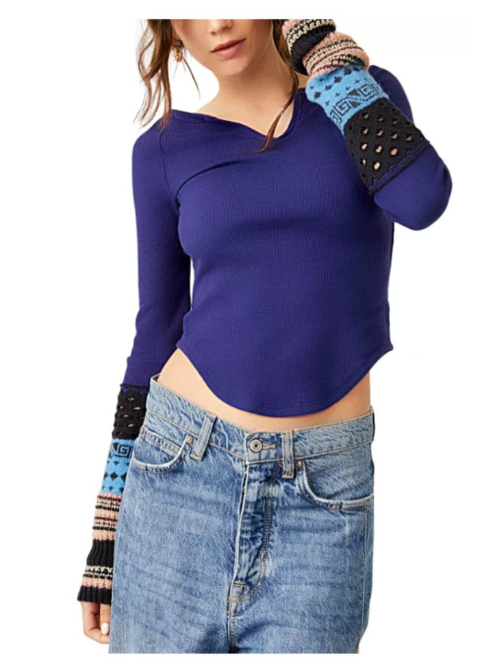 FREE PEOPLE Blue Cozy Craft Crochet Cuff Waffle Knit Top sz M